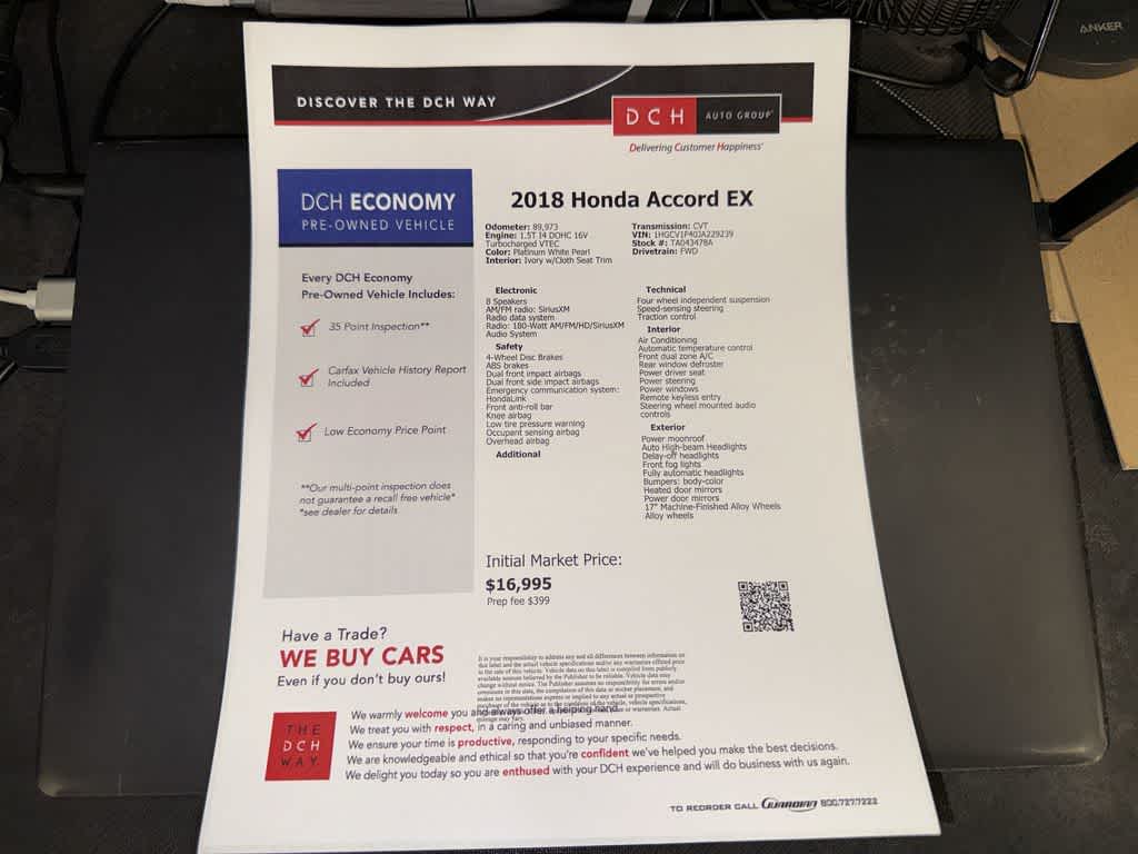 Honda Accord Sedán EX 1.5T de 2018